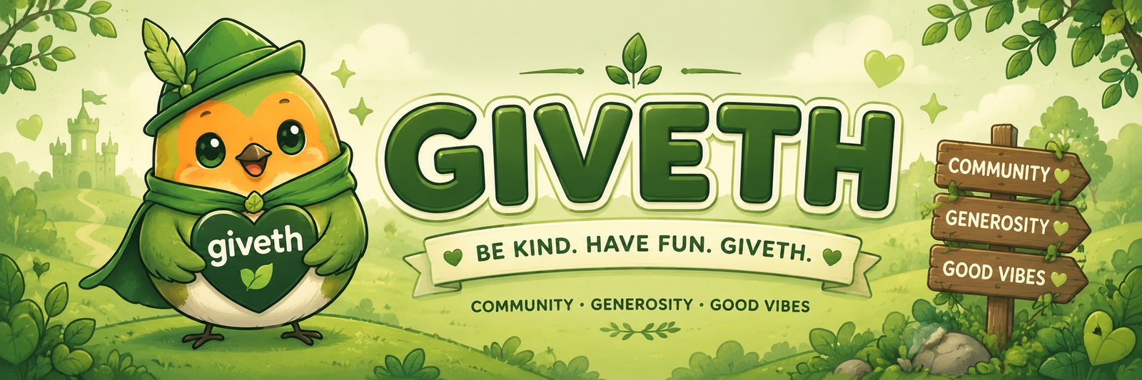 The GIVETH logo: the robin mascot in Sherwood beside the GIVETH wordmark and the motto Be kind. Have fun. Giveth.